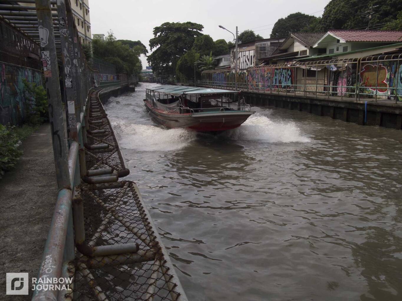 A boat speeding along a river