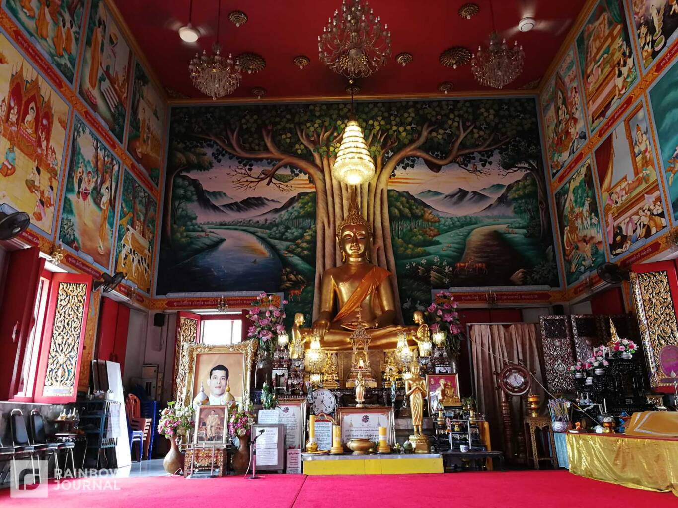 Golden Buddha in seated position in altar